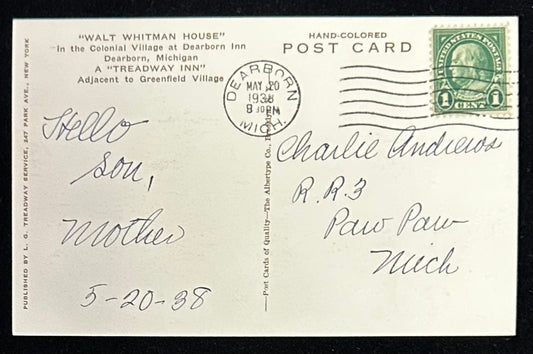 Walt Whitman House, Dearborn, Michigan - Vintage Postcard
