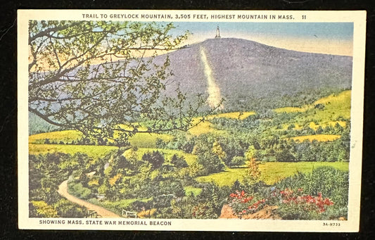 Trail to Greylock Mountain, 3,508 feet, Highest Mountain in Massachusetts - Showing Mass, State War Memorial Beacon - Linen Vintage Postcard