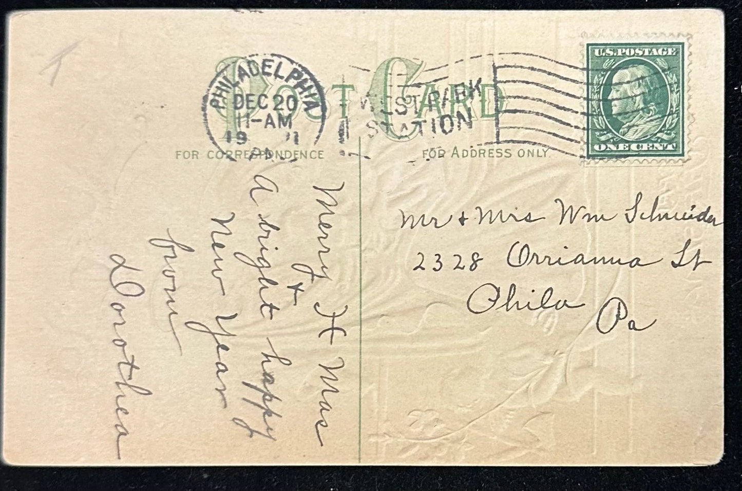 Holy Family with Angels above - A Merry Christmas - Embossed 1910 Vintage Postcard 1910's