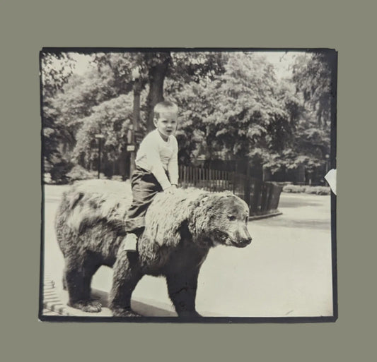 Black and White Photo of a Boy Riding a Grizzly Bear - RARE One of a Kind Photo