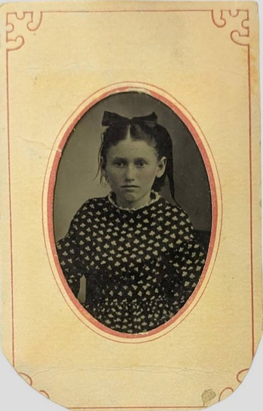 Tin Type Photo of Young Pre-Teen Victorian Girl with Hand tinted Blush and typical unhappy teen expression -