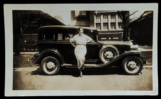 Black and White Photo of a Lady and a 1930s Ford Car - A Real Beauty - Classic Car with a Classic Lady
