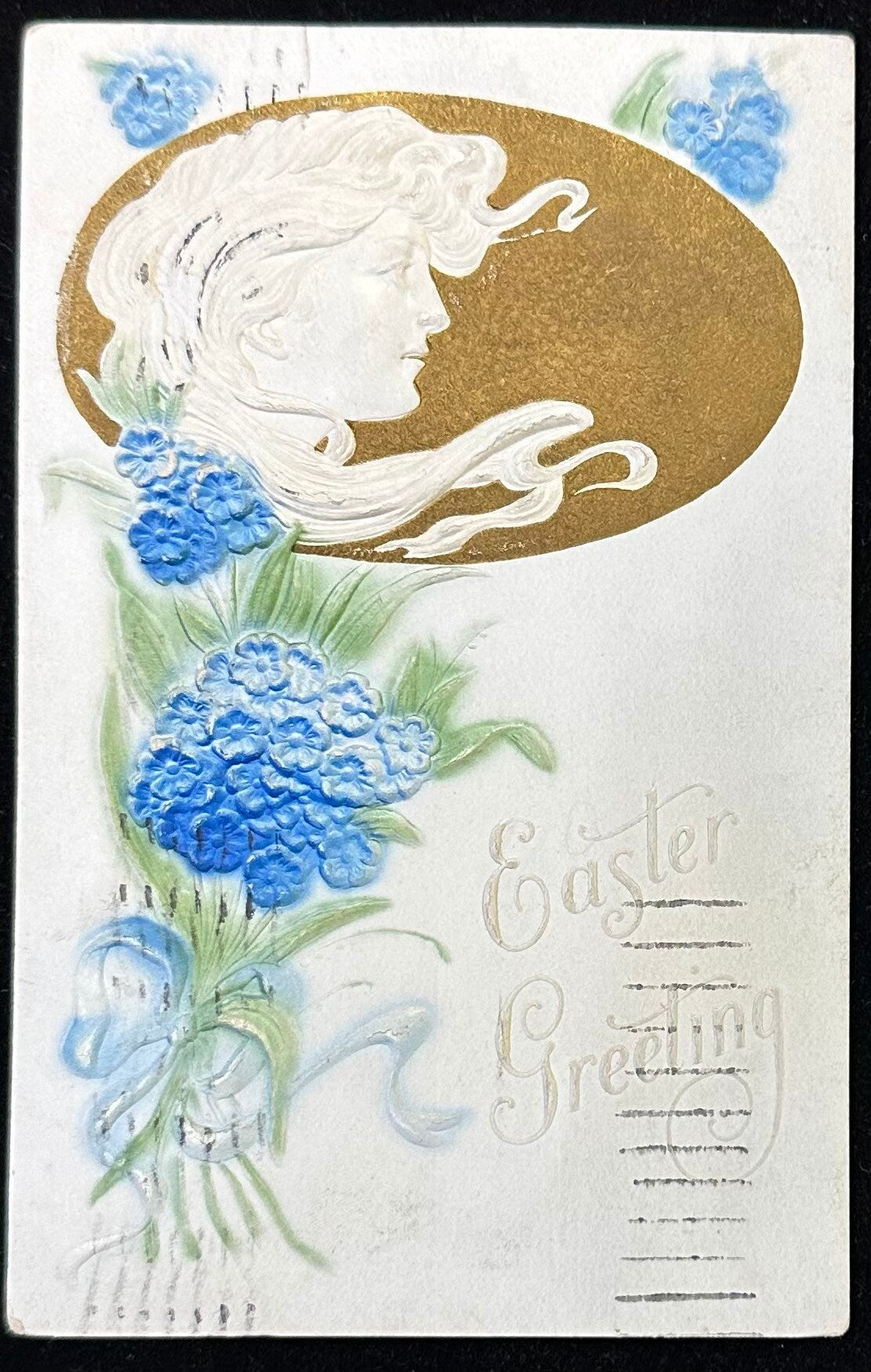 1910s Art Nouveau "Easter Greetings" Hydrangea Floral Flowing Hair Portrait 3D Embossed Metallic Gold Postcard