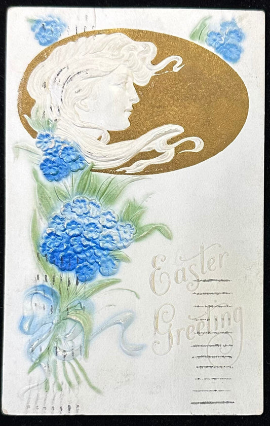 1910s Art Nouveau "Easter Greetings" Hydrangea Floral Flowing Hair Portrait 3D Embossed Metallic Gold Postcard