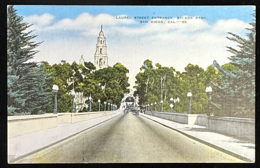 Laurel Street Entrance, Balboa Park, San Diego, California - Linen Vintage Postcard