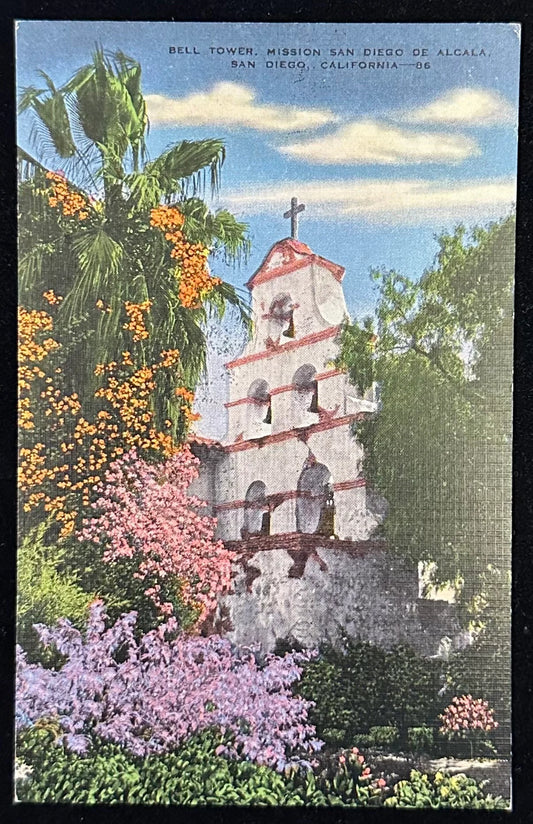 Bell Tower Mission San Diego De Alcala, San Diego, California - Linen Vintage Postcard