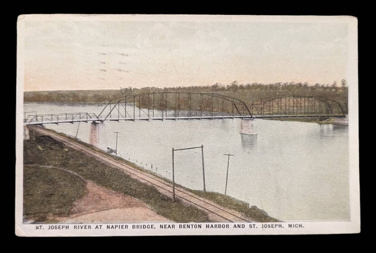 St. Joseph River at Napier Bridge, Near Benton Harbor and St. Joseph, Michigan - Vintage Postcard