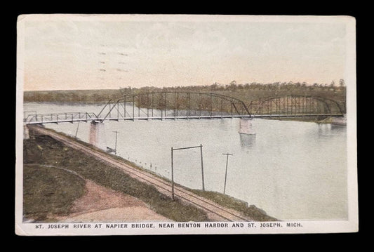 St. Joseph River at Napier Bridge, Near Benton Harbor and St. Joseph, Michigan - Vintage Postcard