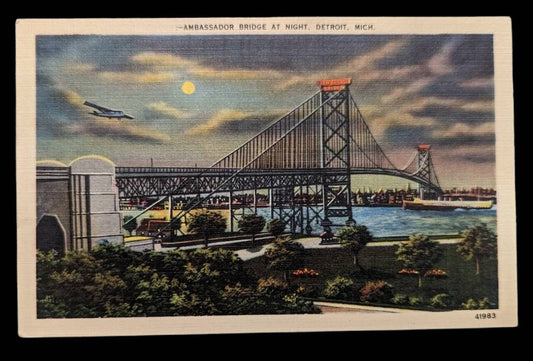 Ambassador Bridge at Night - Detroit, Michigan - 1940s Linen Postcard