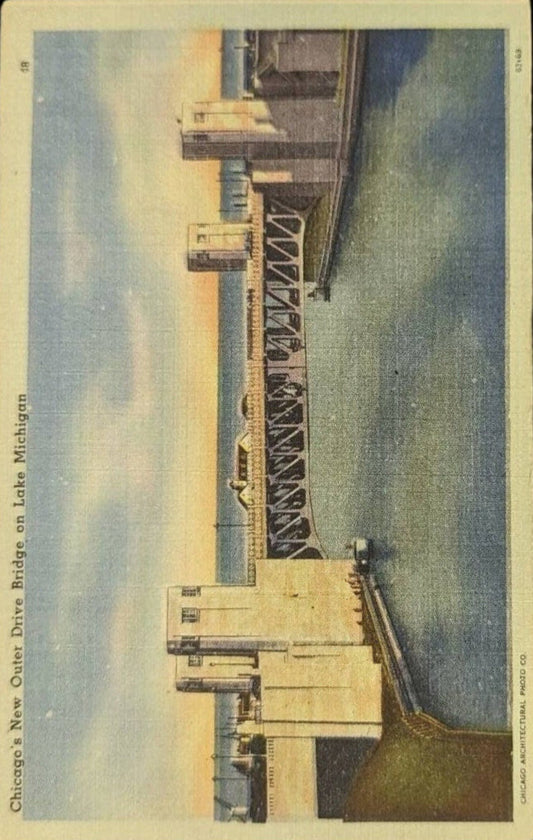 Chicago's New Outer Drive Bridge on Lake Michigan - Chicago, Illinois - Vintage Postcard