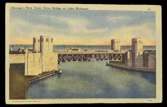 Chicago's New Outer Drive Bridge on Lake Michigan - Chicago, Illinois - Vintage Postcard
