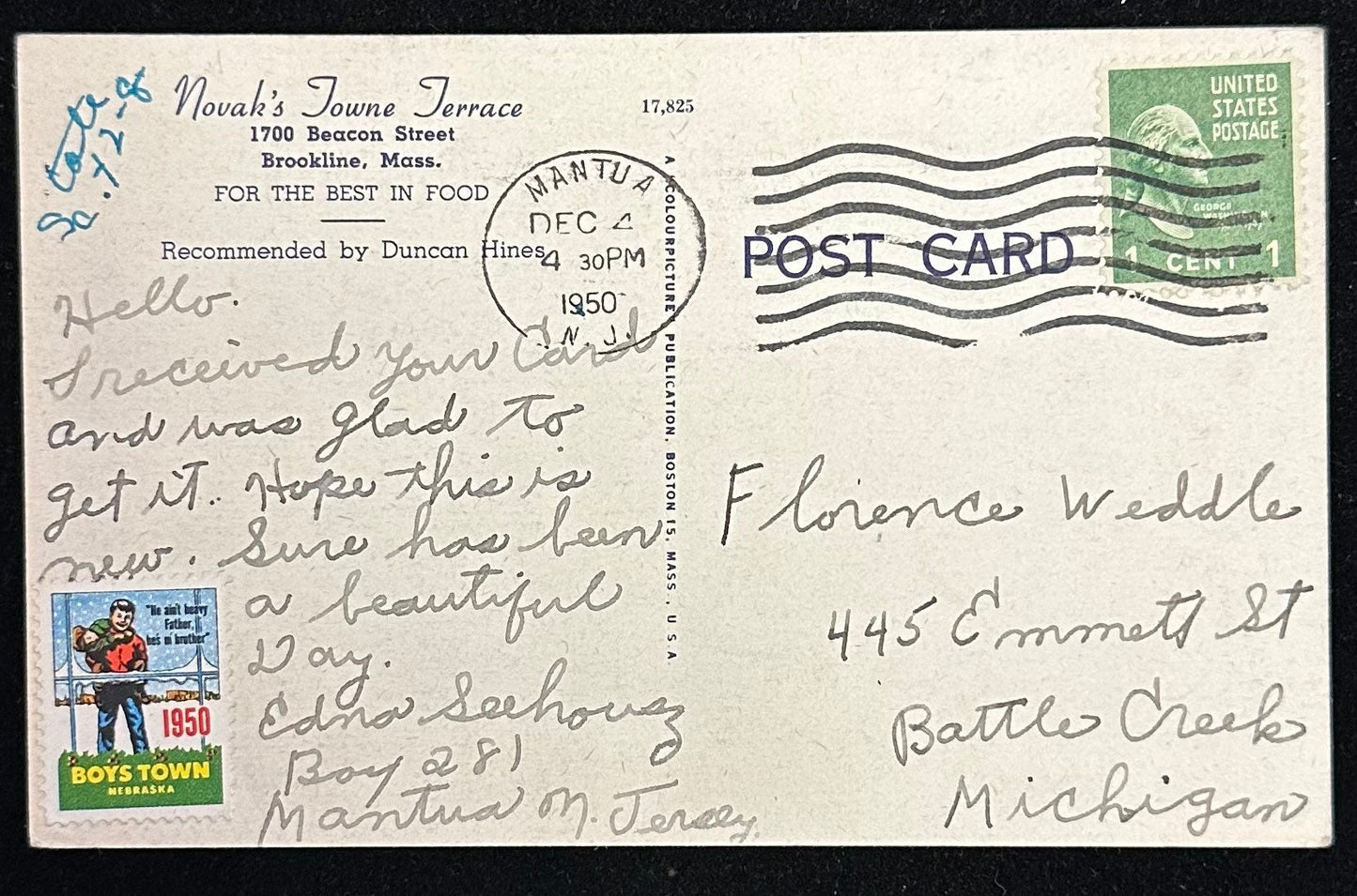 Novak’s Towne Terrance  - 1700 Beacon St. Brookline, Mass. - Linen Vintage Postcard