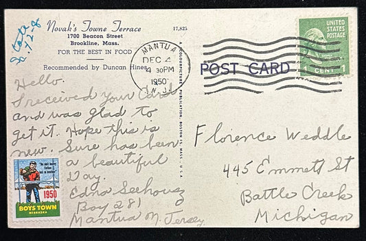 Novak’s Towne Terrance  - 1700 Beacon St. Brookline, Mass. - Linen Vintage Postcard