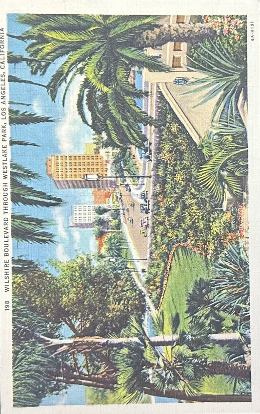 Wilshire Boulevard through Westlake Park - Los Angeles, California - 1936 Linen Postcard