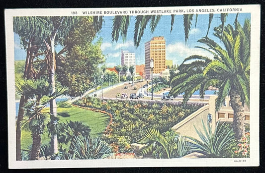 Wilshire Boulevard through Westlake Park - Los Angeles, California - 1936 Linen Postcard
