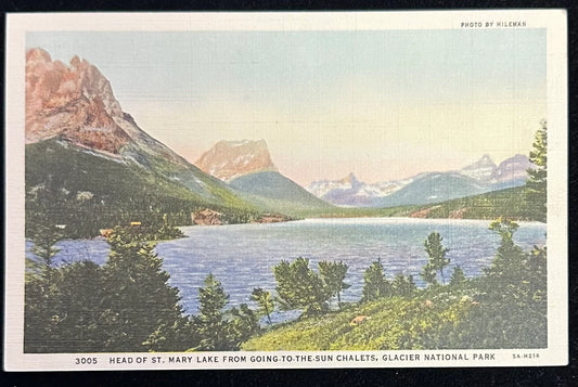 3005 Head of St. Mary Lake from Going to the Sun Chalets, Glacier National Park - Linen Vintage Postcard