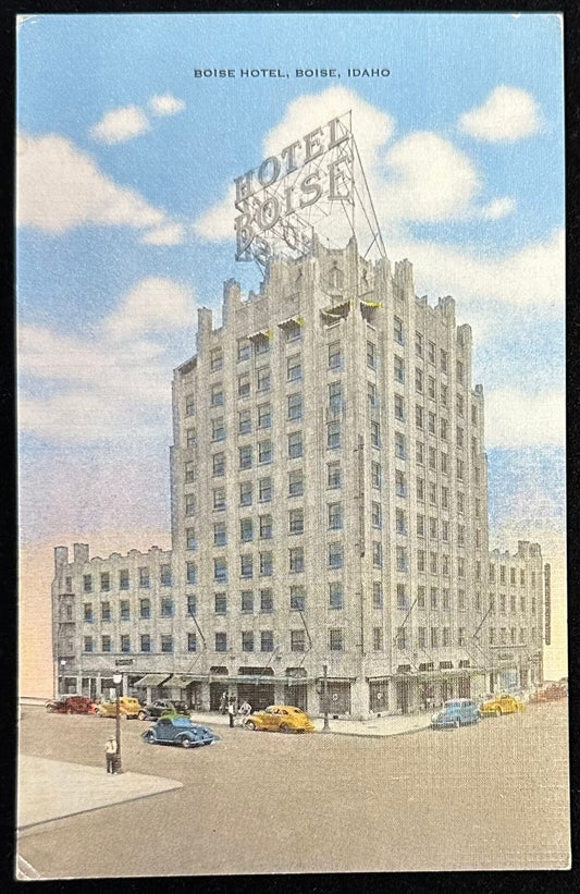 Boise Hotel, Boise, Idaho - 1930s Automobiles - Linen Vintage Postcard