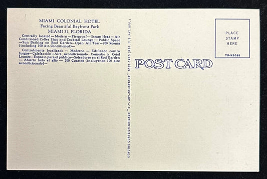 Miami Colonial Hotel, Miami, Florida - Linen Vintage Postcard