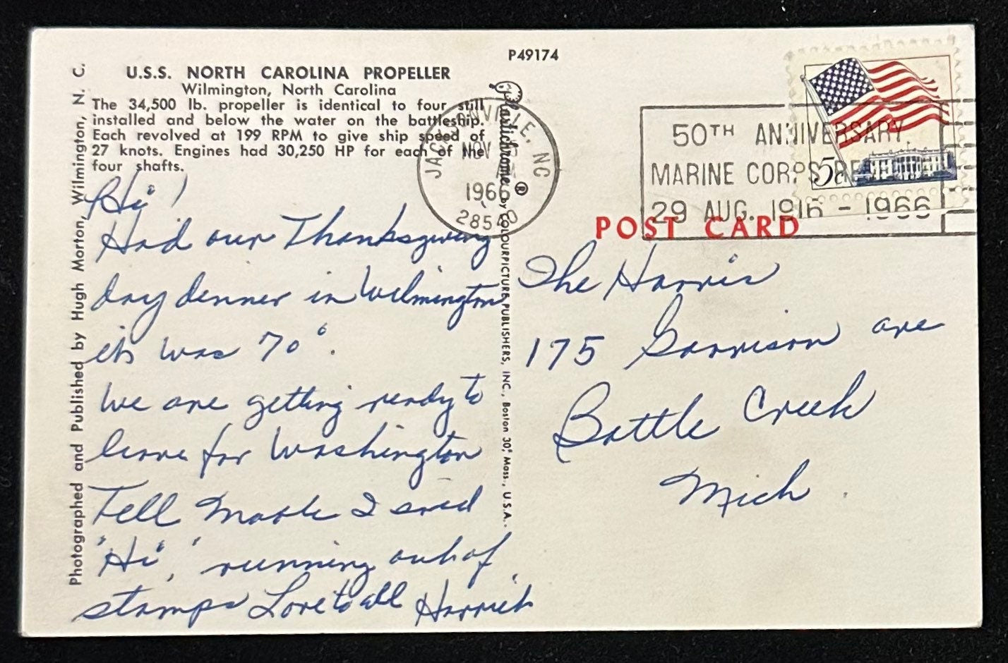 USS North Carolina Propeller, Wilmington, North Carolina - Vintage Postcard
