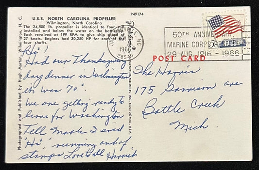 USS North Carolina Propeller, Wilmington, North Carolina - Vintage Postcard