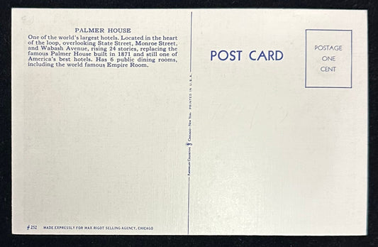 Palmer House - Chicago, Illinois - 1940s Linen Postcard