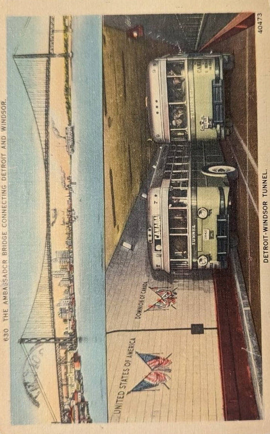 The Ambassador Bridge - Connecting Detroit and Windsor - Vintage Postcard