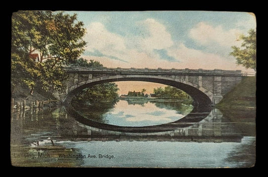 Washington Avenue Bridge - Lansing, Michigan - Vintage 1910 Postcard