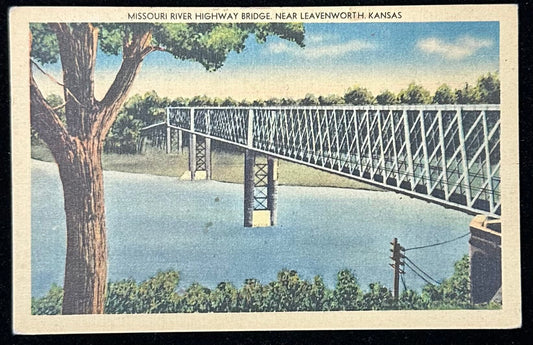 Missouri River Highway Bridge - Leavenworth, Kansas - 1940s Linen Postcard
