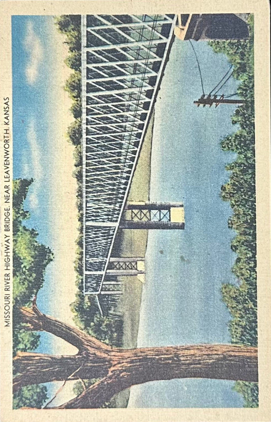 Missouri River Highway Bridge - Leavenworth, Kansas - 1940s Linen Postcard