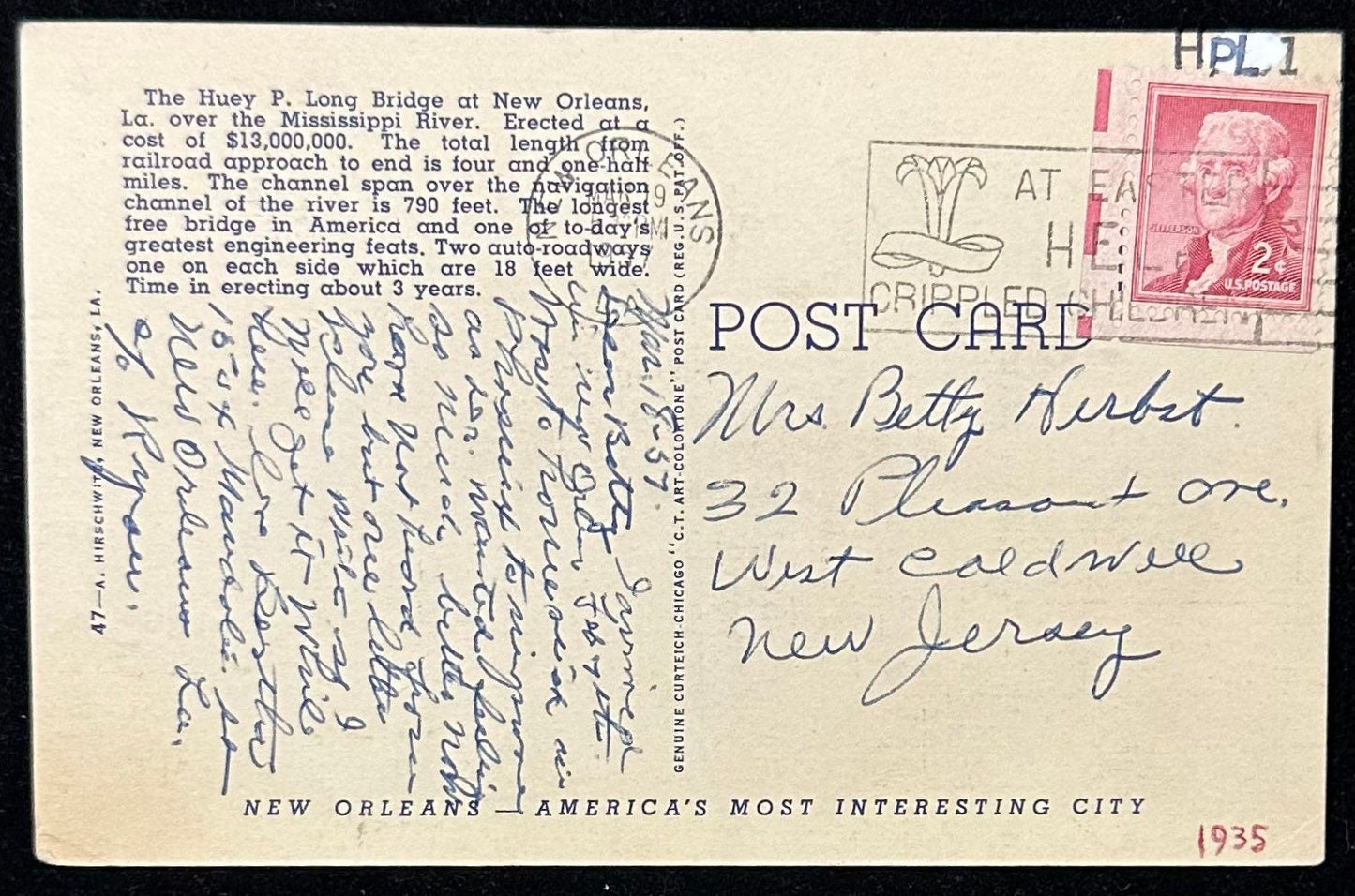 The Huey P Long Bridge, New Orleans, Louisiana, Connecting New Orleans with the Great West - Linen Vintage Postcard