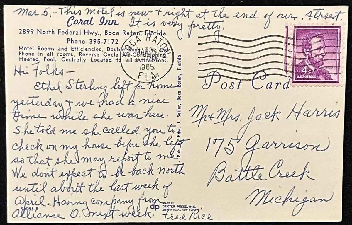 Coral Inn - Boca Raton, Florida - Vintage Postcard – Ephemera4You