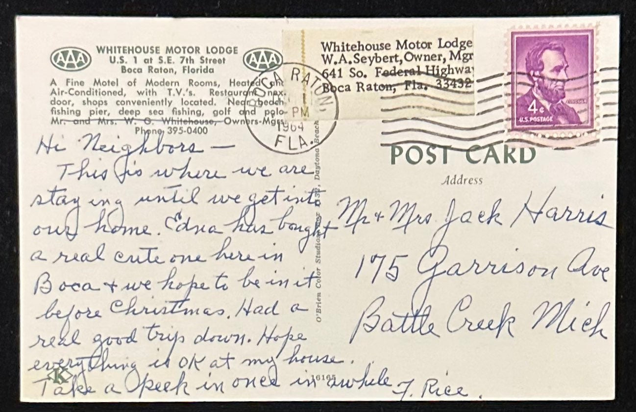 Whitehouse Motor Lodge - Boca Raton, Florida - Vintage Postcard