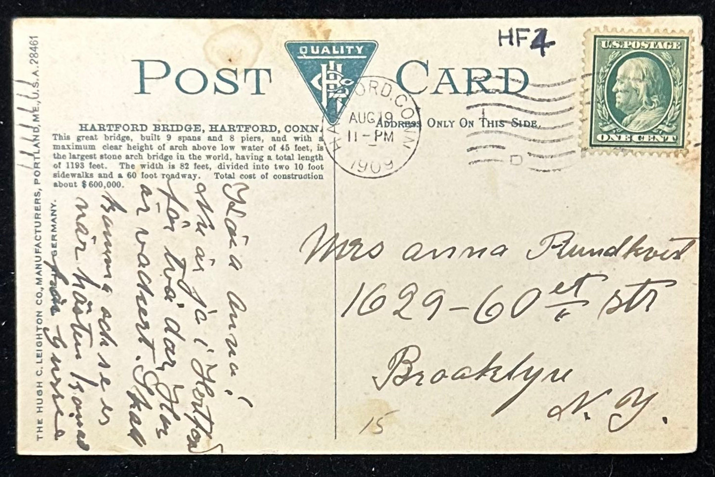 Hartford Bridge - Hartford, Conn. - 1909 Postcard