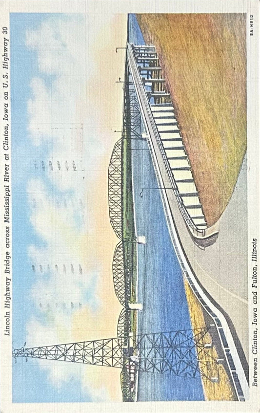 Lincoln Highway Bridge across Mississippi River at Clinton, Iowa on US Highway 30 - Linen Vintage Postcard