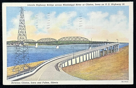 Lincoln Highway Bridge across Mississippi River at Clinton, Iowa on US Highway 30 - Linen Vintage Postcard