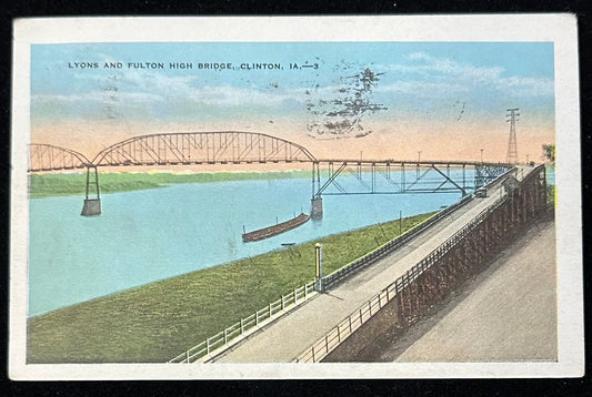 Lyons and Fulton High Bridge - Clinton, Iowa - 1930s Postcard
