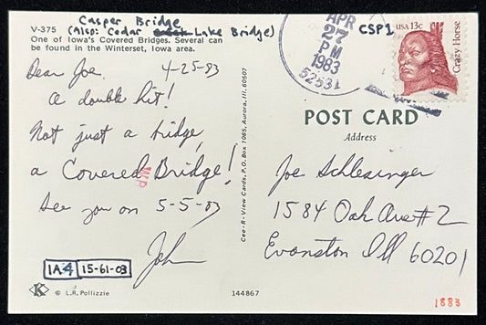 Casper Bridge - Cedar Lake Bridge, Iowa - Vintage 1983 Postcard
