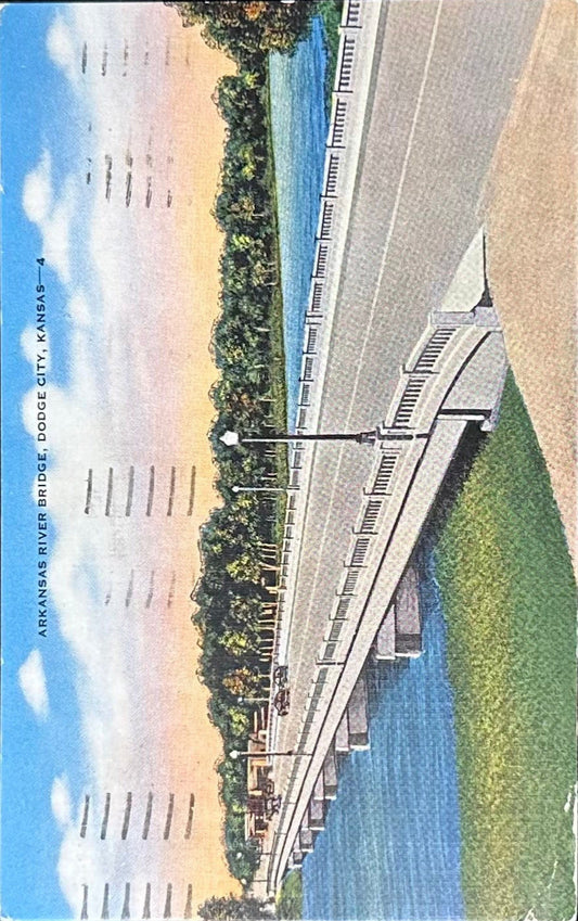 Arkansas River Bridge - Dodge City, Kansas - Linen Postcard