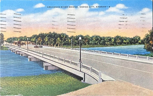 Arkansas River Bridge - Dodge City, Kansas - Linen Postcard