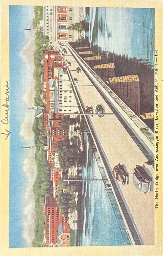 The North Bridge over Androscoggin River - Lewiston and Auburn, Maine - 1919 Linen Postcard