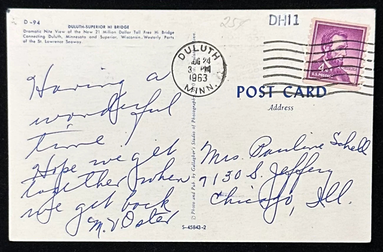 Duluth-Superior Hi Bridge, Wisconsin/Minnesota - Night Scene - 1964 Postcard