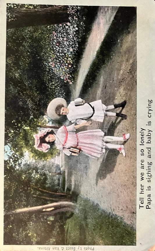 Theodor Eismann - Tell her we are so lonely Papa is sighing and Baby is crying - Vintage Illustrated Song Series - 1907 Hand Tinted Postcard