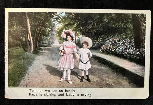 Theodor Eismann - Tell her we are so lonely Papa is sighing and Baby is crying - Vintage Illustrated Song Series - 1907 Hand Tinted Postcard
