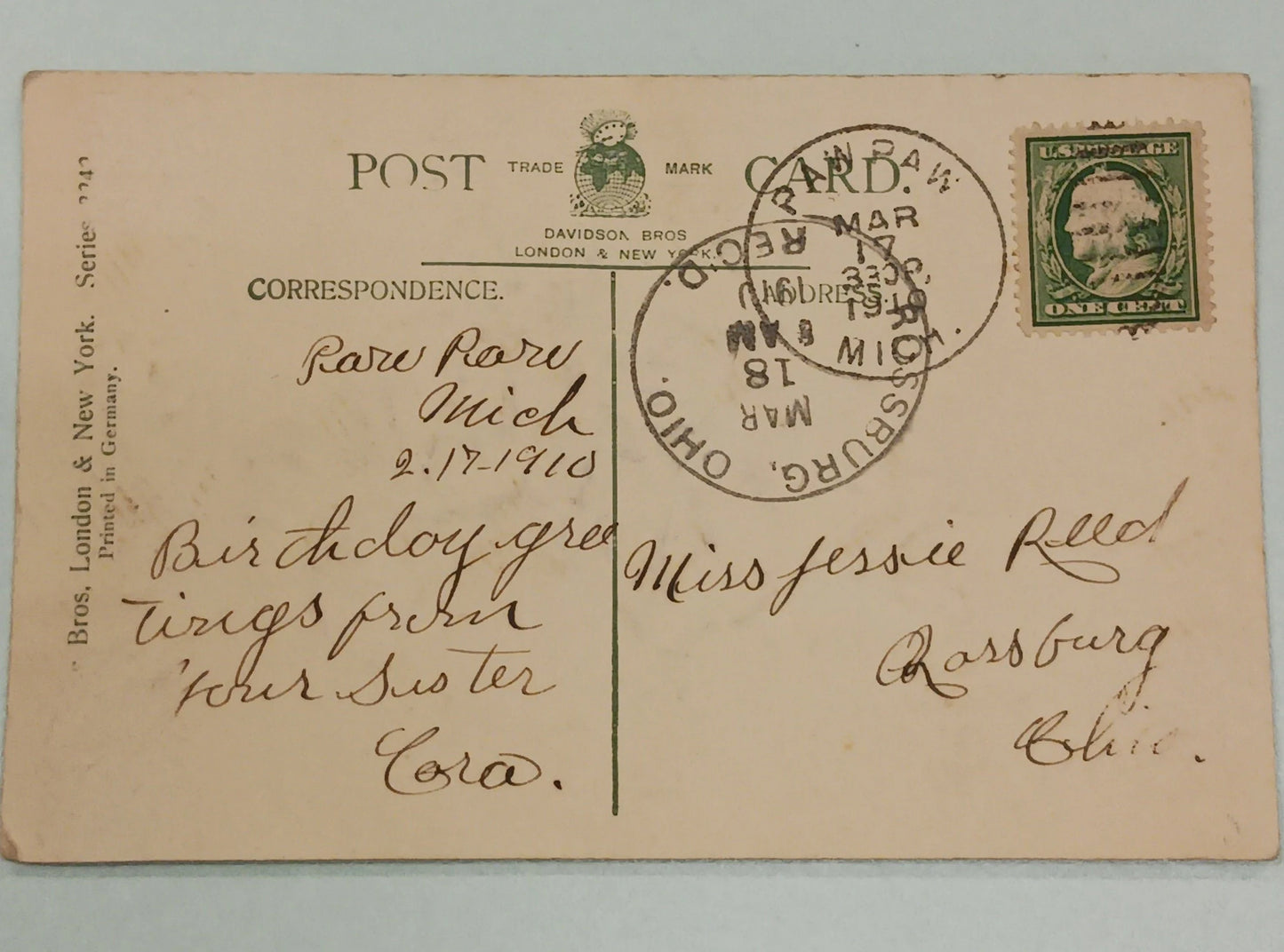 Birthday Greeting Post Card - Classic !910 Embossed with Pansies - Vintage Davidson Bros. - 1900-1910 -