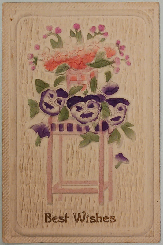 Best Wishes Card - Embossed purple pansies, pink daises, and embroidery