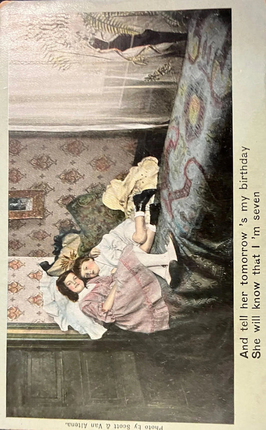 Theodor Eismann - And tell Her tomorrow’s my birthday she will know that I’m seven - Vintage Illustrated Song Series - Hand tinted Postcard