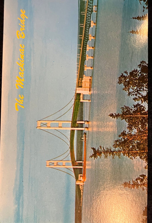The Mackinac Bridge - Vintage Postcard with Tanker under the bridge