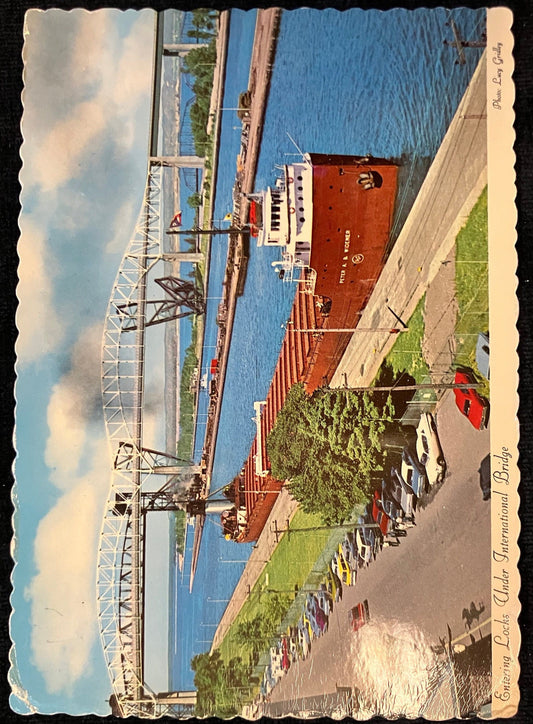 Entering Locks Under International Bridge - Vintage Postcard - 60 and 70s Cars in Photo