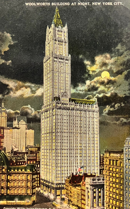 Woolworth Building at Night, 1920s New York City, New York - Copyright 1913 by Irving Underhill - Vintage Postcard