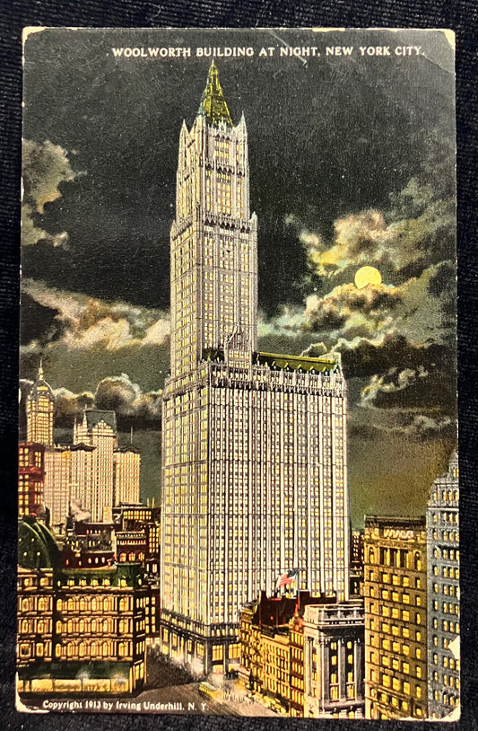 Woolworth Building at Night, 1920s New York City, New York - Copyright 1913 by Irving Underhill - Vintage Postcard
